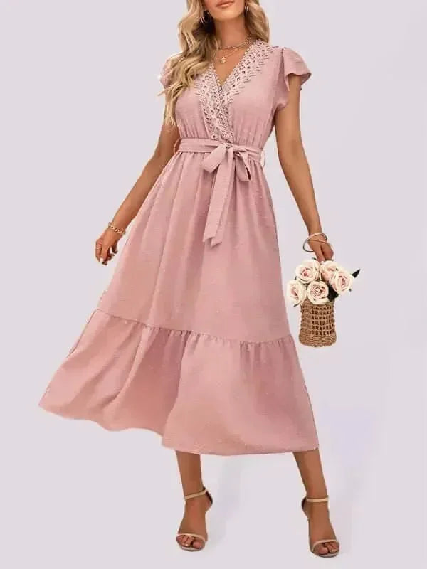 A-line,A-line dress,belt,belt closure,belt closure dress,casual,casual dress,cotton,cotton dress,flowy,ladies Wrinkle resistant,maxi,maxi dress,maxi hem dress,Quick drying maxi dress,short sleeve,short sleeves dress,solid,solid dress,straight,summer,summer dress,true-to-size dress,V-neck,V-neck dress-LeStyleParfait