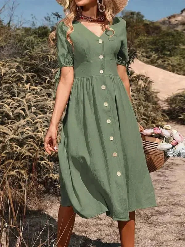 A-line,A-line dress,bow tie,bow tie sleeves dress,button-down,button-down dress,casual,casual dress,cotton,cotton dress,ladies Wrinkle resistant,midi,midi dress,Quick drying midi dress,regular,regular dress,slit sleeve,solid,solid dress,straight,summer,summer dress,V-neck,V-neck dress-LeStyleParfait