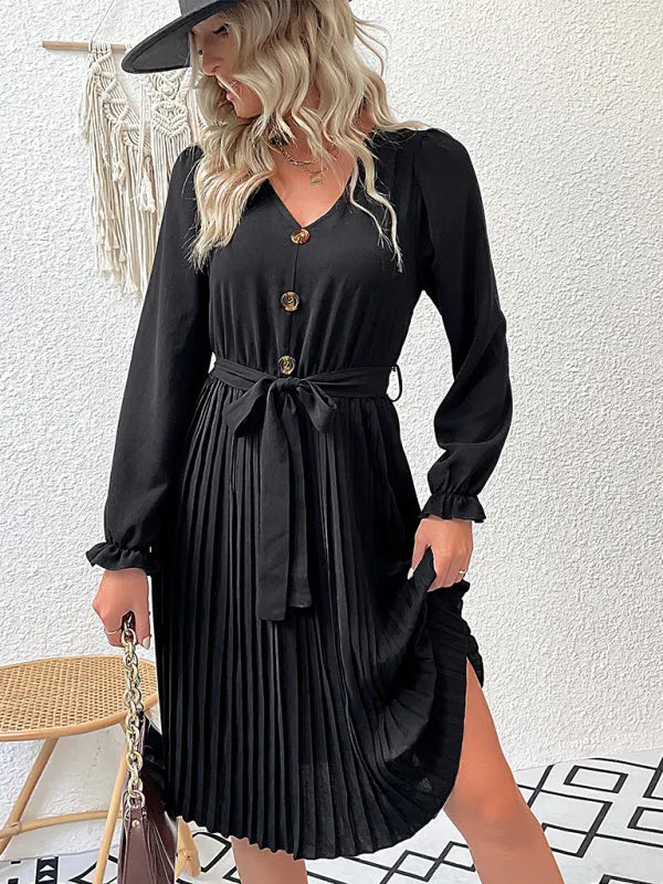 A-line,a-line dress,Button-down,button-down dress,buttons,fall,fall dress,knee-length,knee-length dress,ladies Pleated,long sleeve,long sleeves dress,office,office dress,pleated,pleated dress,polyester,polyester dress,Quick drying knee-length dress,regular,regular dress,solid,solid dress,solid knee dress,straight,V-neck,v-neck dress,work dress,Wrinkle-resistant-LeStyleParfait