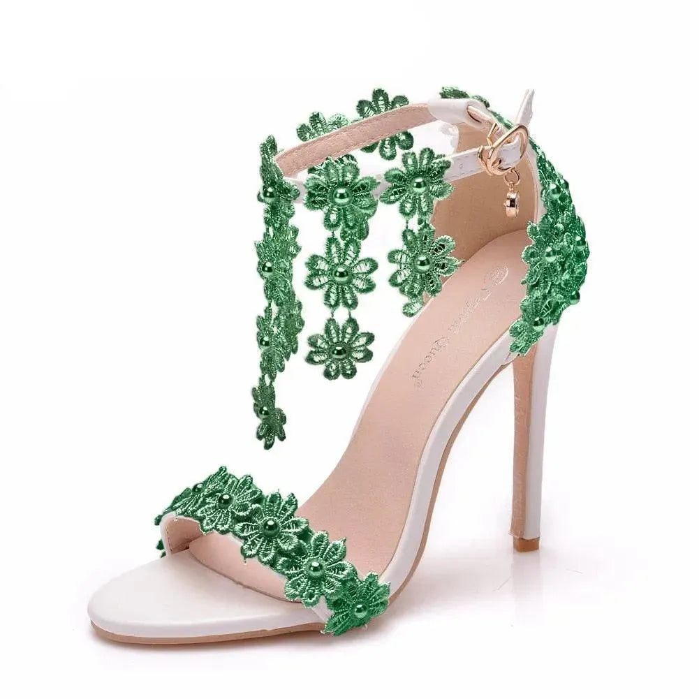 Floral Lace Strap Heels Sandals - Sandals - LeStyleParfait