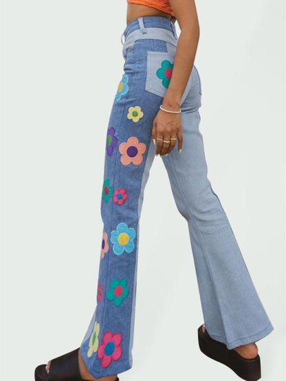 Floral Patchwork Flared Jeans - Women Jeans - LeStyleParfait Kenya