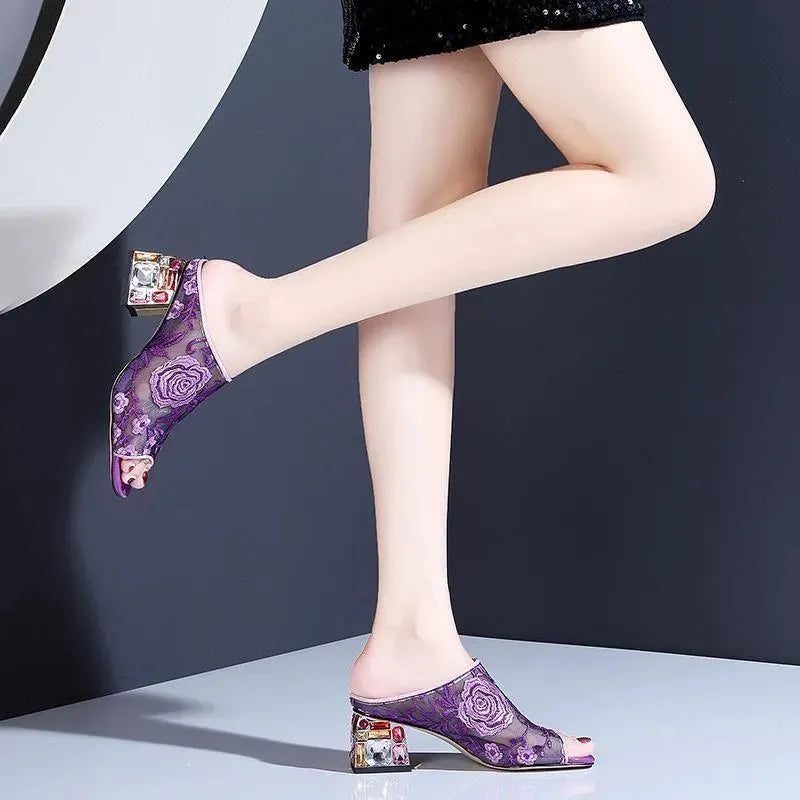 Floral Peep Toe Slip On Shoes - Sandals - LeStyleParfait