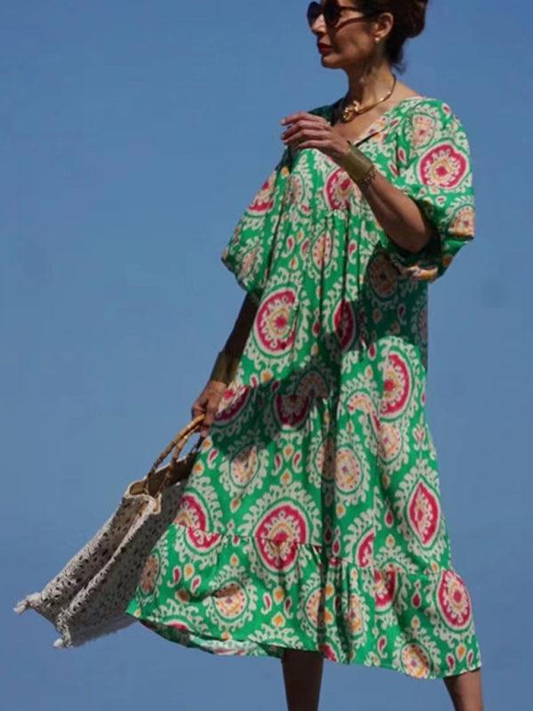 Geometric Puff-Sleeve Maxi Dress - Maxi Dress - LeStyleParfait Kenya