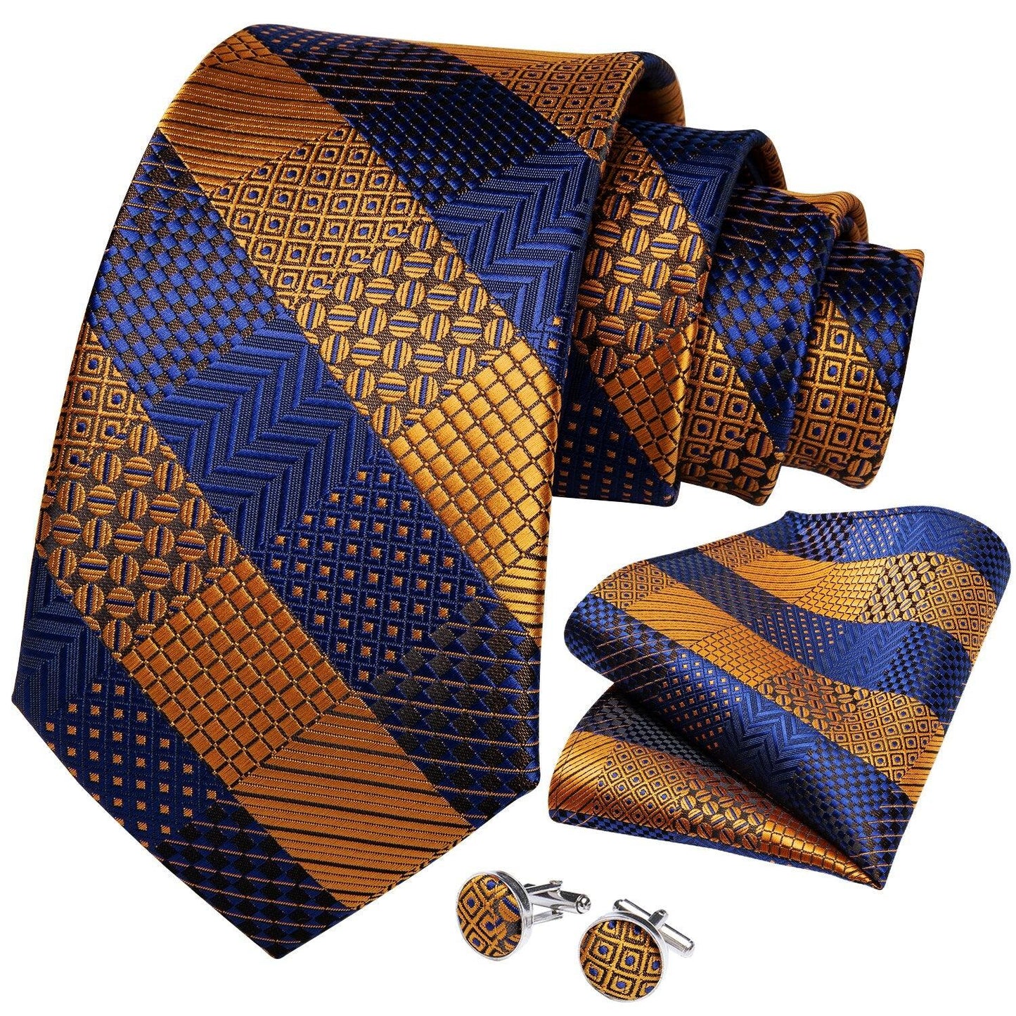 Gold Blue Striped Silk Necktie Set - Necktie - LeStyleParfait Kenya