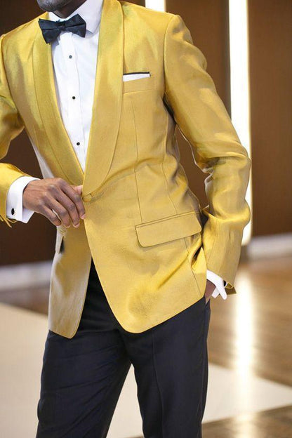 Gold Satin Shawl Lapel Men's Suit Slim Fit 2 Piece Tuxedo Suit - Suit - LeStyleParfait Kenya