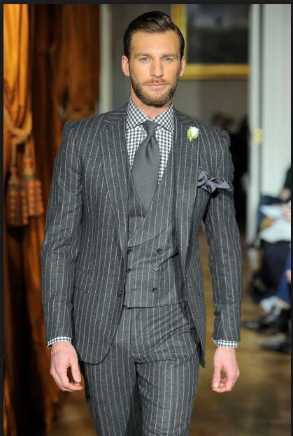 Grey Stripes Men's Suit Slim Fit 3 Piece Tuxedo Plus Size Suit - Suit - LeStyleParfait Kenya