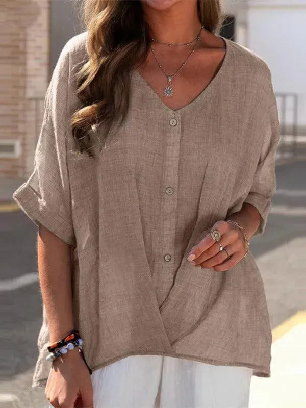 Half Sleeve Loose V Neck Casual Women Top - Women Tops - LeStyleParfait