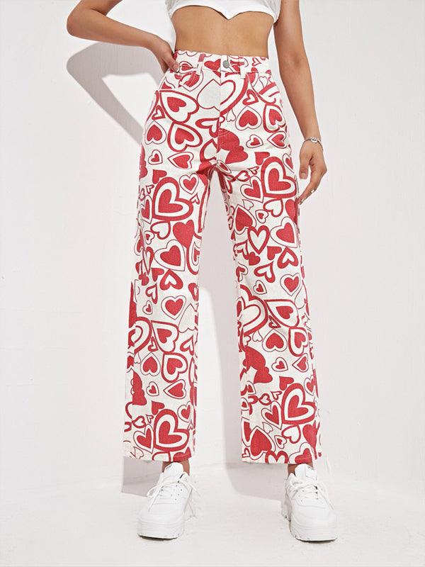 Hearts Print Loose Denim Trousers - Women Jeans - LeStyleParfait Kenya