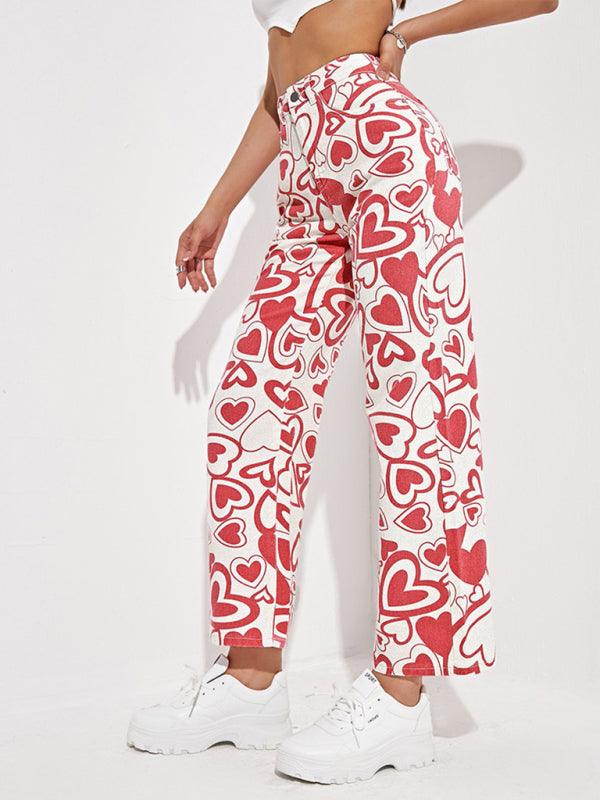 Hearts Print Loose Denim Trousers - Women Jeans - LeStyleParfait Kenya