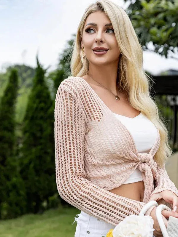 Hollow Knitted Lace-Up Cardigan Top - Cardigan Sweater - LeStyleParfait