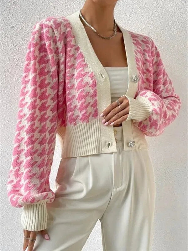Houndstooth Lantern Sleeve Cardigan Sweater - Cardigan Sweater - LeStyleParfait