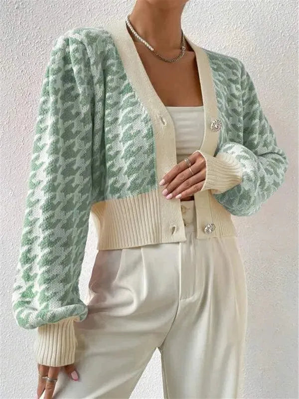 Houndstooth Lantern Sleeve Cardigan Sweater - Cardigan Sweater - LeStyleParfait