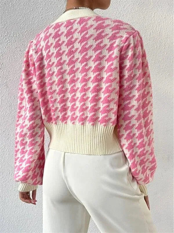 Houndstooth Lantern Sleeve Cardigan Sweater - Cardigan Sweater - LeStyleParfait