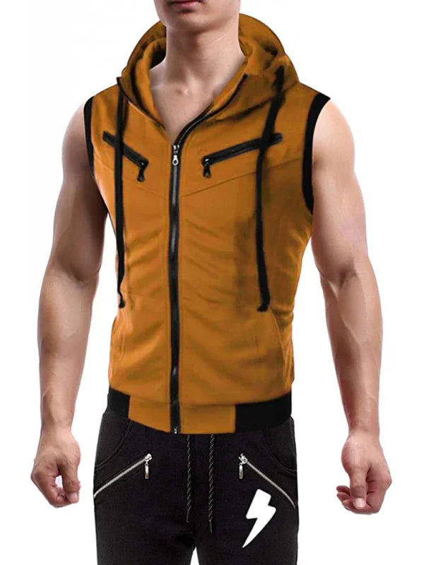 Gilet sans manches à capuche pour homme, couleur unie, coupe ajustée 