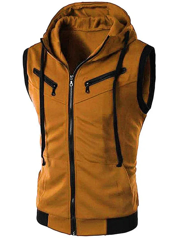 Gilet sans manches à capuche pour homme, couleur unie, coupe ajustée 