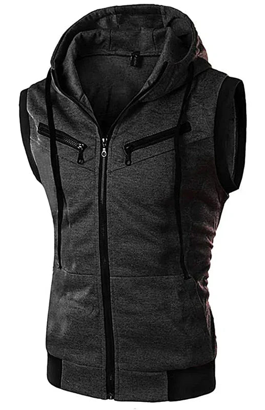 Gilet sans manches à capuche pour homme, couleur unie, coupe ajustée 