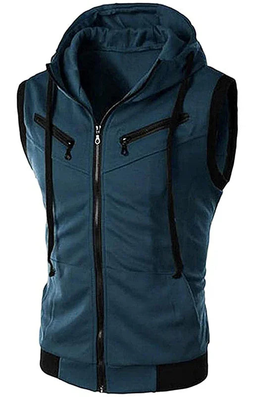 Gilet sans manches à capuche pour homme, couleur unie, coupe ajustée 