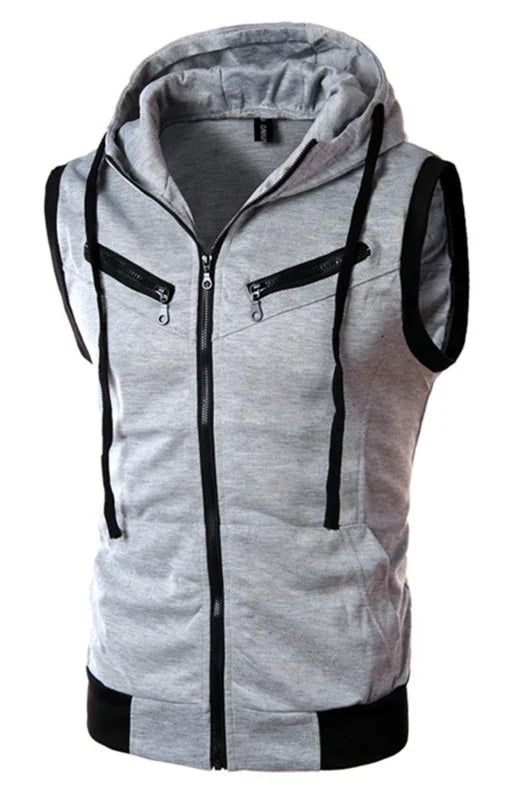 Gilet sans manches à capuche pour homme, couleur unie, coupe ajustée 