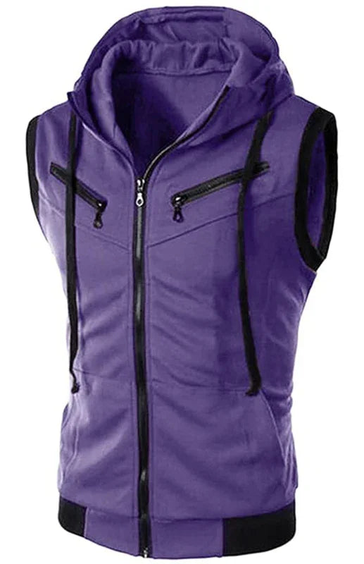 Gilet sans manches à capuche pour homme, couleur unie, coupe ajustée 