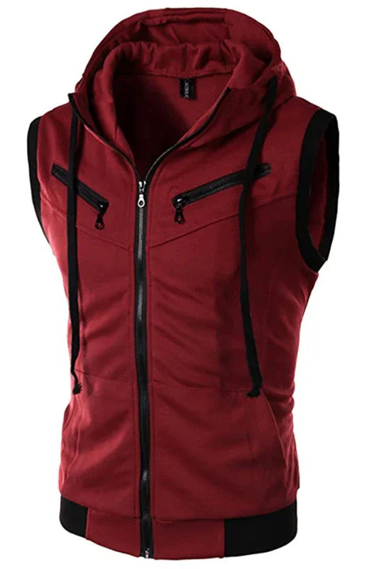 Gilet sans manches à capuche pour homme, couleur unie, coupe ajustée 