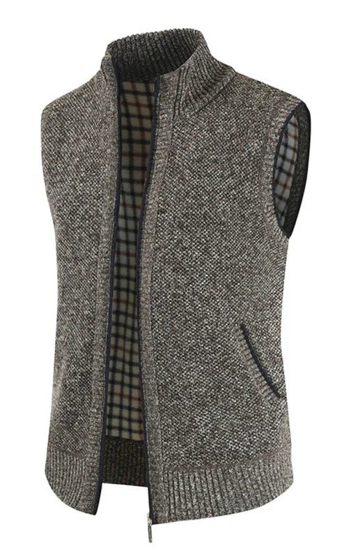Gilet zippé pour homme, couleur unie, col montant, sans manches, en maille. 