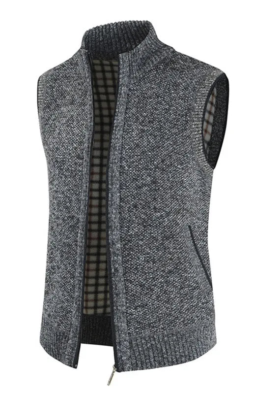 Gilet zippé pour homme, couleur unie, col montant, sans manches, en maille. 