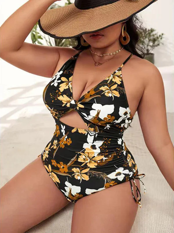 Women Floral Cut Out One Piece Swimsuit