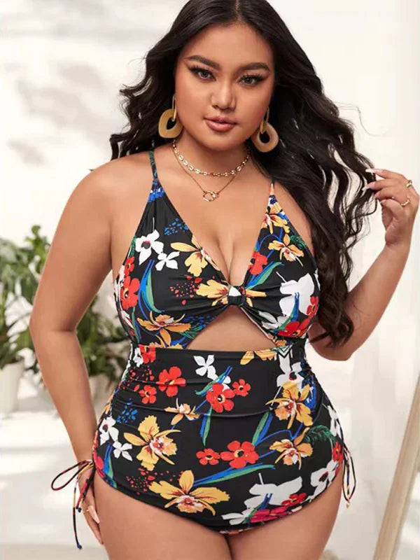 Women Floral Cut Out One Piece Swimsuit