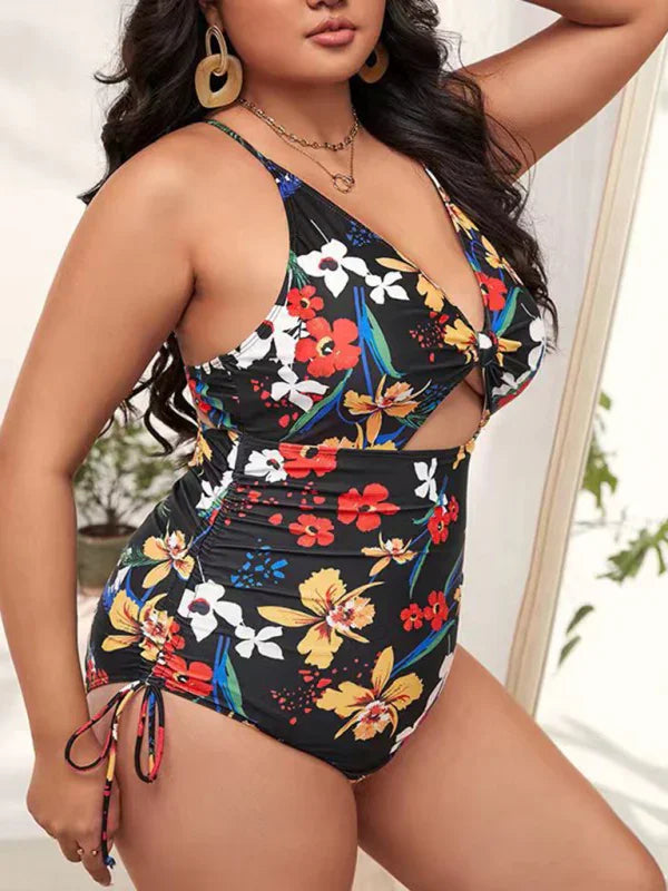 Women Floral Cut Out One Piece Swimsuit