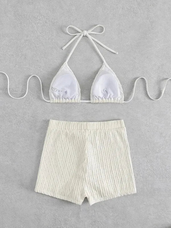 Women White Bikini With Swim Shorts Set