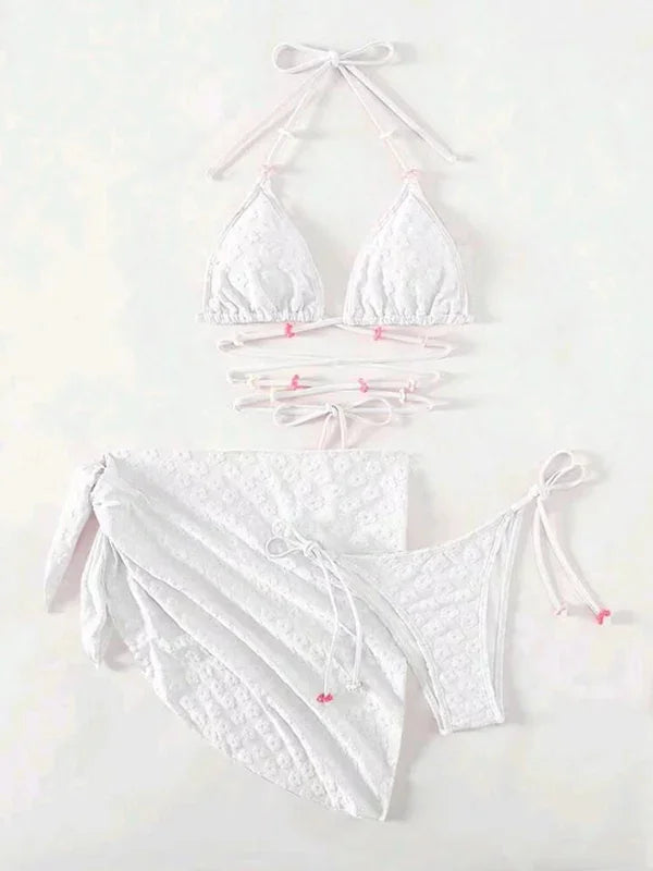 Women White Floral Triangle Bikini Set