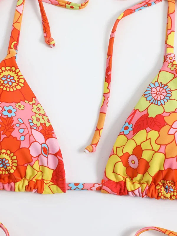 Women Red Floral High Waisted String Bikini Set