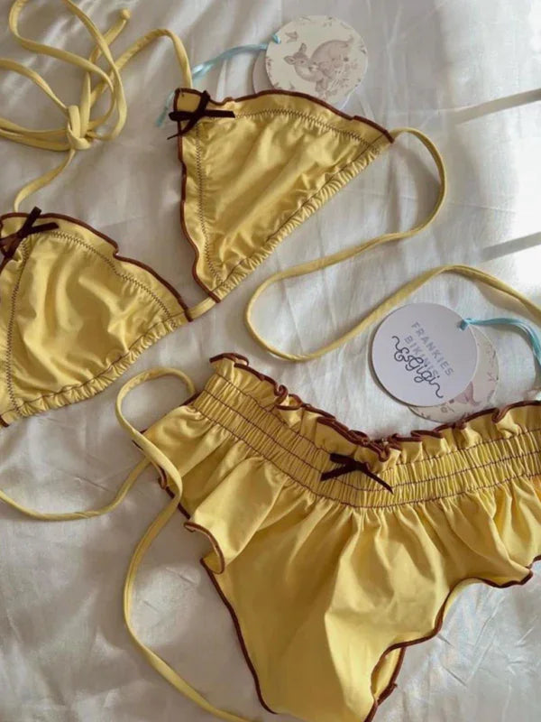Ensemble de bikini ficelle taille haute jaune pour femme
