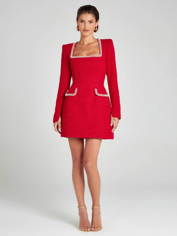 Elegant Beaded Square Neck Mini Dress