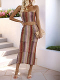 Chic Striped Strapless Knit Midi Dress