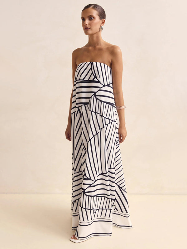 Chic Striped Strapless Maxi Dress