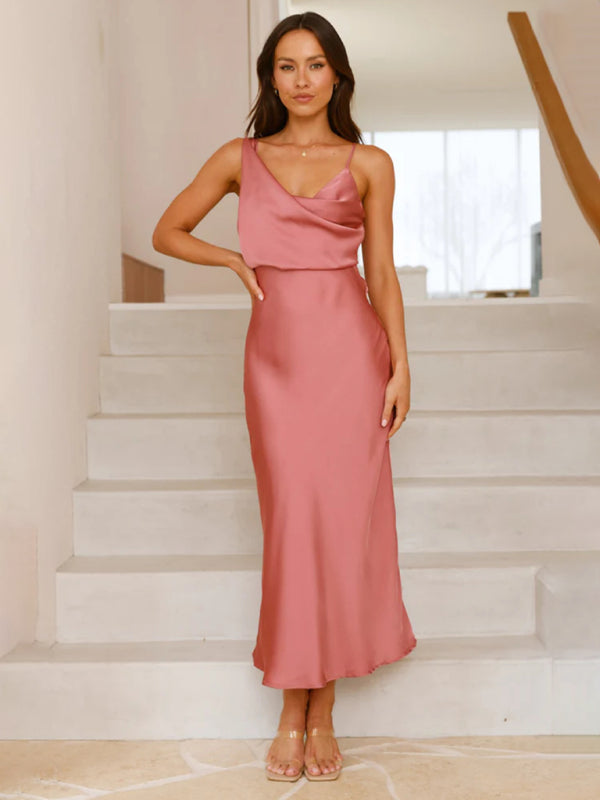 Chic Satin Cowl Neck Midi Dress