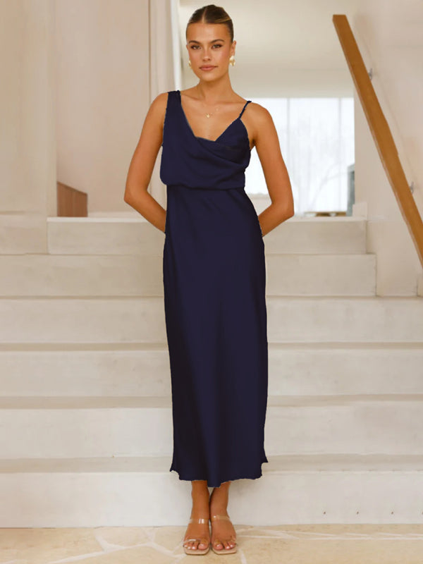 Chic Satin Cowl Neck Midi Dress