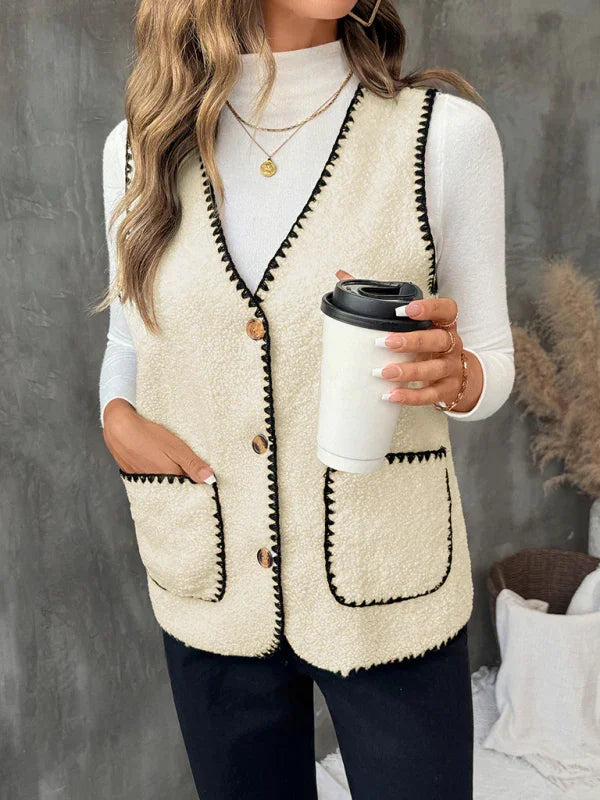 Nouveau gilet en agneau sans manches, coupe ample, col en V