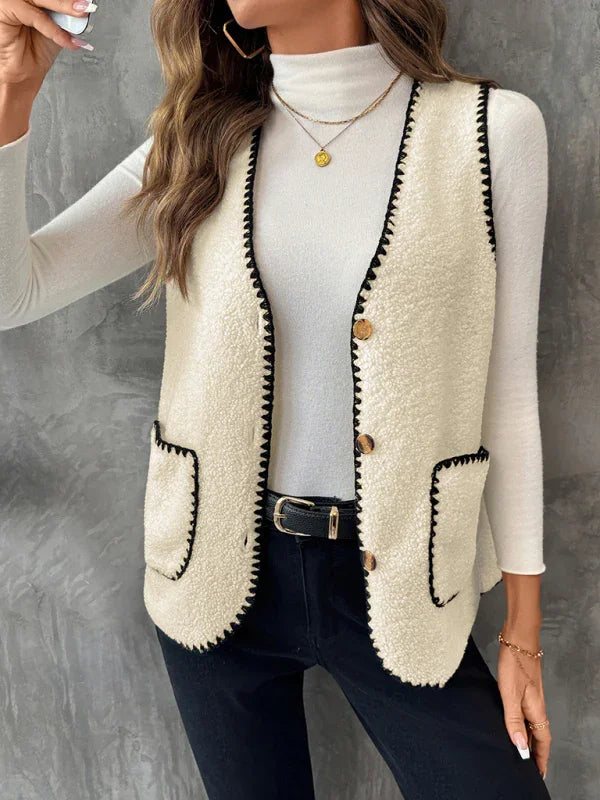 Nouveau gilet en agneau sans manches, coupe ample, col en V