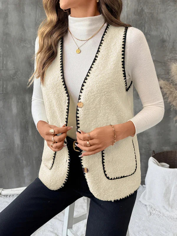 Nouveau gilet en agneau sans manches, coupe ample, col en V