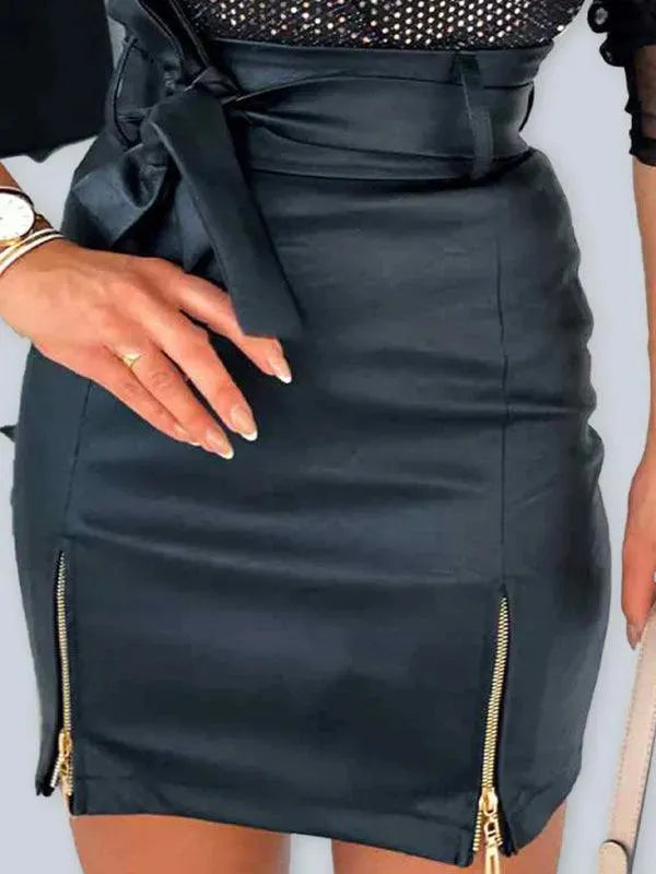 LeStyleParfait Women Skirts Ladies Party Mini Skirt Plain-Solid Belted-Mini Skirt