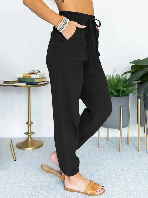 LeStyleParfait Women Pants Plain-Solid Women's Drawstring Linen-Women Pants
