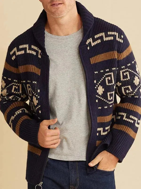 Lapel Jacquard Men Cardigan Sweater - Cardigan Sweater - LeStyleParfait