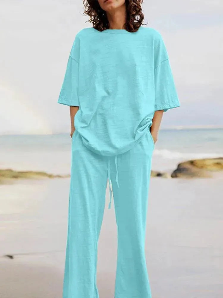 Light Blue Linen Women's Pants Set - Casual Pants Set - LeStyleParfait