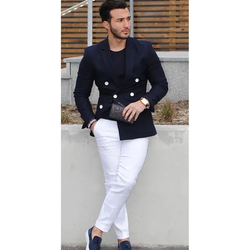 Men Blazer - Navy Blue Double-Breasted Blazer - Double-Breasted Blazer - LeStyleParfait