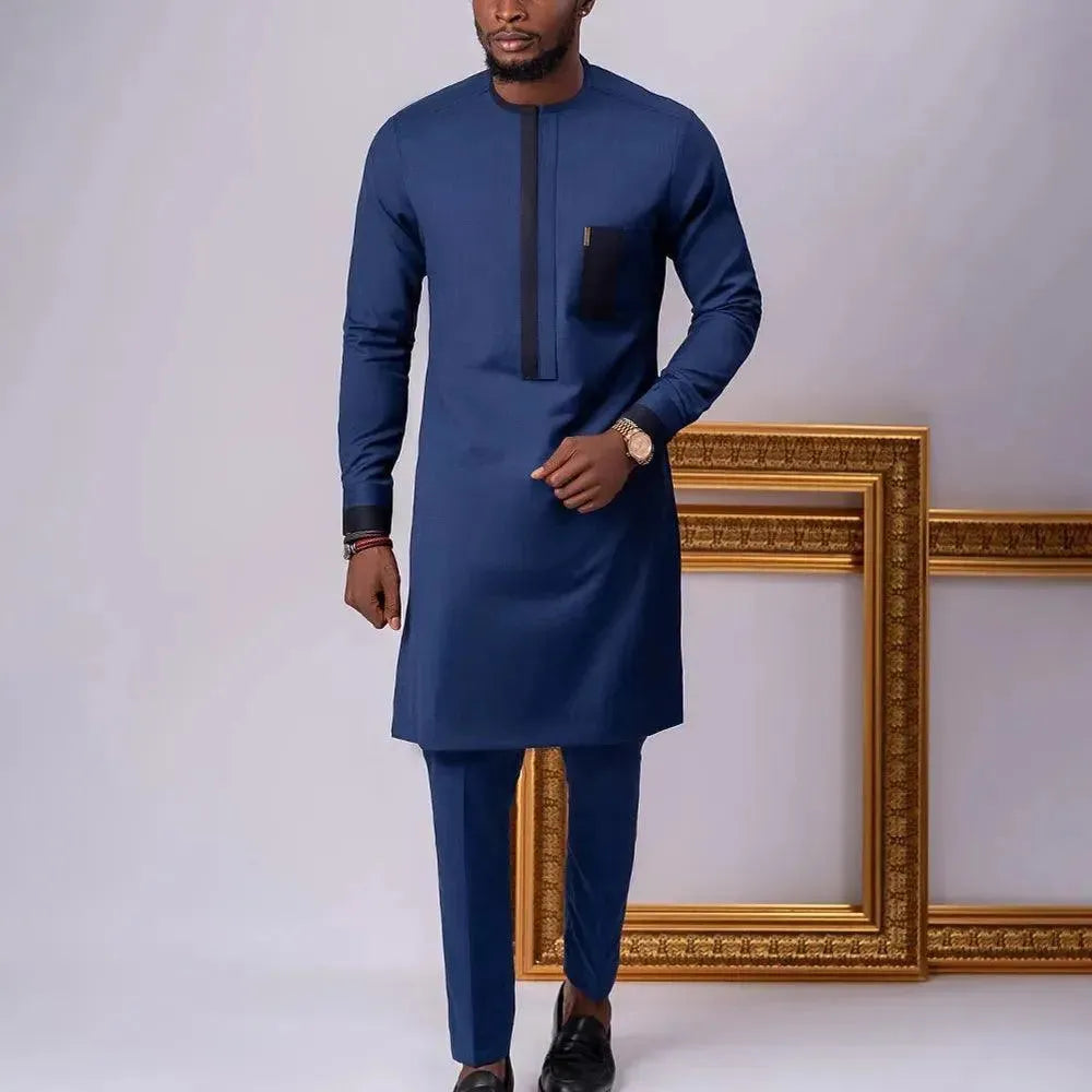 Men Bold Collarless Long Sleeve Outfit Set - Solid Collarless Trousers Two-Piece Set - LeStyleParfait