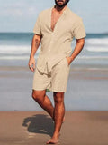 Men Casual Button-Down Summer Shorts Set - Solid Casual Shorts Two-Piece Set - LeStyleParfait
