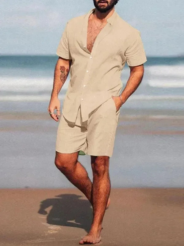 Men Casual Button-Down Summer Shorts Set - Solid Casual Shorts Two-Piece Set - LeStyleParfait