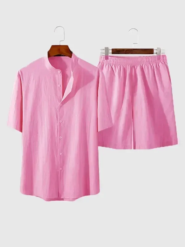 Men Casual Button-Down Summer Shorts Set - Solid Casual Shorts Two-Piece Set - LeStyleParfait
